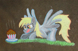Size: 4127x2703 | Tagged: safe, artist:malte279, derpy hooves, ditzy doo, pegasus, pony, chalk drawing, cute, derpabetes, food, muffin, street art, traditional art