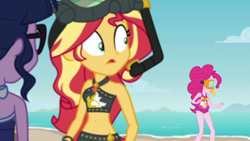 Size: 1920x1080 | Tagged: safe, screencap, pinkie pie, sci-twi, sunset shimmer, twilight sparkle, better together, equestria girls, unsolved selfie mysteries, clothes, sleeveless, swimsuit