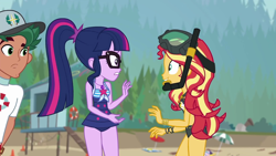 Size: 1920x1080 | Tagged: safe, screencap, sci-twi, sunset shimmer, timber spruce, twilight sparkle, better together, equestria girls, unsolved selfie mysteries, clothes, geode of telekinesis, lifeguard timber, magical geodes, male, sleeveless, swimsuit