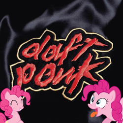 Size: 600x600 | Tagged: safe, pinkie pie, earth pony, pony, album, album cover, cover, daft punk, eyes closed, grin, homework, open mouth, parody, ponk, ponkie poy, pun, smiling, tongue out, wide eyes