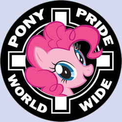 Size: 350x350 | Tagged: safe, pinkie pie, earth pony, pony, celtic cross, looking at you, open mouth, parody, smiling, solo