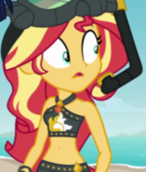 Size: 915x1080 | Tagged: safe, screencap, sunset shimmer, better together, equestria girls, unsolved selfie mysteries, belly button, bikini, bikini babe, clothes, cropped, female, sleeveless, solo, swimsuit