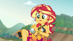 Size: 1920x1080 | Tagged: safe, screencap, sunset shimmer, equestria girls, equestria girls series, x marks the spot, bikini, bikini babe, bottle, clothes, geode of empathy, magical geodes, message in a bottle, raised eyebrow, sarong, sleeveless, swimsuit