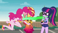 Size: 1920x1080 | Tagged: safe, screencap, pinkie pie, sci-twi, sunset shimmer, twilight sparkle, better together, equestria girls, x marks the spot, bottle, clothes, feet, fire, fire breath, fire pinkie, flip-flops, food, geode of empathy, geode of sugar bombs, geode of telekinesis, glasses, green fire, hot, magical geodes, pain, ponytail, red face, roe, sandals, sarong, shocked, sleeveless, sushi, sushi cone, swimsuit, wasabi, wat