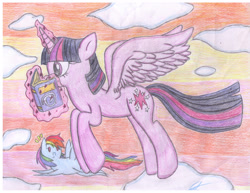 Size: 3300x2550 | Tagged: safe, artist:randomanimegamerarti, derpibooru import, rainbow dash, twilight sparkle, twilight sparkle (alicorn), alicorn, pegasus, pony, book, flying, high res, magic, reading, traditional art