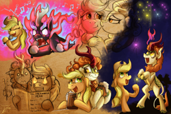 Size: 3005x2000 | Tagged: safe, artist:jamescorck, derpibooru import, applejack, autumn blaze, earth pony, kirin, nirik, pony, aggretsuko, apple cider, applejack's hat, autumnjack, chopsticks, cowboy hat, drunk, drunk aj, female, fire, fireworks, food, hat, karaoke, kissing, kissing on the cheek, korean, lesbian, menu, microphone, night, nirik fire, sanrio, shipping, shipping fuel, singing, sketch, sketch dump, sparkler (firework), tipsy