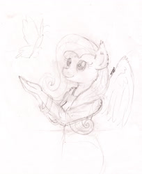 Size: 3984x4882 | Tagged: safe, artist:greenlinzerd, derpibooru exclusive, fluttershy, anthro, butterfly, absurd resolution, bra strap, clothes, extra pony, looking up, monochrome, off shoulder, off shoulder sweater, sketch, solo, starry eyes, sweater, sweatershy, traditional art, wingding eyes, wip