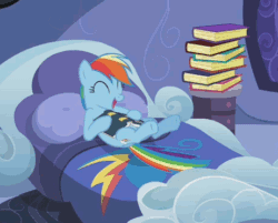 Size: 461x371 | Tagged: safe, derpibooru import, screencap, rainbow dash, pegasus, pony, read it and weep, animated, bed, book, cute, dashabetes, egghead, hnnng, hoofy-kicks, reading, solo, that pony sure does love books