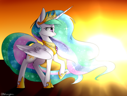 Size: 1600x1200 | Tagged: safe, artist:ohhoneybee, princess celestia, alicorn, pony, raised hoof, solo, sunrise