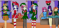 Size: 5016x2362 | Tagged: safe, artist:heart324, applejack, fluttershy, pinkie pie, rainbow dash, rarity, sci-twi, sunset shimmer, twilight sparkle, pony, equestria girls, christmas, clothes, female, flutterdash, hat, holiday, lesbian, present, rarijack, santa hat, scitwishimmer, shipping, socks, sofa, striped socks, sunsetsparkle