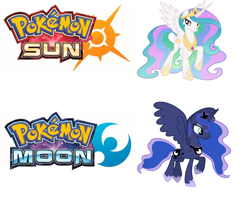 Size: 1096x888 | Tagged: safe, princess celestia, princess luna, alicorn, pony, pokémon, pokémon moon, pokémon sun, pokémon sun and moon, sun vs moon