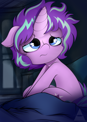 Size: 3500x4950 | Tagged: safe, artist:ahekao, starlight glimmer, pony, unicorn, :s, alternate hairstyle, bed, bedroom, female, filly, filly starlight glimmer, floppy ears, messy mane, sad, short hair, sitting, solo, wavy mouth, younger