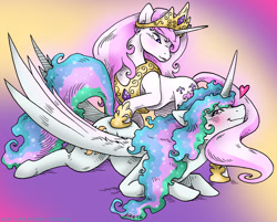 Size: 1200x966 | Tagged: safe, artist:kaemantis, derpibooru import, fleur-de-lis, princess celestia, alicorn, pony, unicorn, accessory swap, backbend, crown, female, femdom, femsub, fleurestia, gradient background, heart, jewelry, lesbian, mare, messy mane, peytral, regalia, shipping, sublestia, submissive