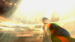 Size: 1024x576 | Tagged: safe, artist:tsuriadragon, princess celestia, alicorn, pony, 3d, boots, crepuscular rays, plot, solo, source filmmaker, sword, weapon