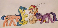 Size: 1024x505 | Tagged: safe, artist:chastil13, comet tail, flash sentry, sunset shimmer, twilight sparkle, twilight sparkle (alicorn), alicorn, blush sticker, blushing, cometshimmer, female, male, shipper on deck, shipping, straight, traditional art