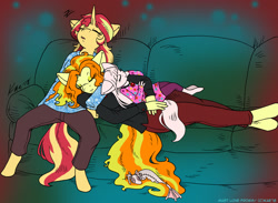 Size: 1200x879 | Tagged: safe, artist:kaemantis, adagio dazzle, sunset shimmer, oc, oc:snowshine, anthro, siren, unguligrade anthro, unicorn, adopted offspring, adoragio, clothes, cute, eyes closed, female, lesbian, pajamas, pants, parent:adagio dazzle, parent:sunset shimmer, parents:sunsagio, plushie, shimmerbetes, shipping, sleeping, sofa, sunsagio