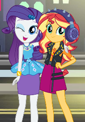 Size: 202x290 | Tagged: safe, rarity, sunset shimmer, better together, equestria girls, cropped, duo, female, headphones, official, one eye closed, wink