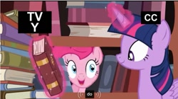 Size: 767x429 | Tagged: safe, derpibooru import, screencap, pinkie pie, twilight sparkle, twilight sparkle (alicorn), alicorn, earth pony, pony, pinkie apple pie, book, female, mare, meme, youtube caption