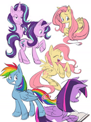 Size: 1280x1707 | Tagged: safe, artist:a-vodka-mutini, fluttershy, rainbow dash, starlight glimmer, twilight sparkle, twilight sparkle (alicorn), alicorn, pegasus, pony, unicorn, book, eyes closed, female, mare, open mouth, simple background, smiling, unshorn fetlocks, white background