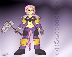 Size: 5000x4000 | Tagged: safe, artist:scobionicle99, fluttershy, anthro, absurd resolution, armor, belly button, bionicle, crossover, lego, midriff, onua, solo, unconvincing armor, weapon