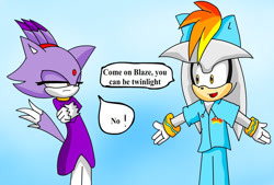 Size: 1169x790 | Tagged: safe, artist:soul-yagami64, derpibooru import, rainbow dash, pegasus, pony, blaze the cat, clothes, cosplay, costume, crossover, misspelling, silver the hedgehog, sonic the hedgehog (series)