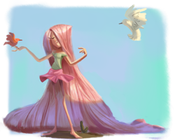 Size: 2500x2000 | Tagged: safe, artist:verrmont, fluttershy, bird, human, breasts, clothes, delicious flat chest, eyes closed, flattershy, hair over one eye, humanized, skinny, skirt, solo