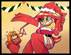 Size: 4200x3250 | Tagged: safe, artist:nelljoestar, adagio dazzle, sunset shimmer, equestria girls, christmas, clothes, costume, female, hat, holiday, lesbian, santa costume, santa hat, shipping, smiling, sunsagio