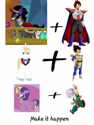 Size: 3000x4000 | Tagged: safe, derpibooru import, king sombra, prince blueblood, oc, oc:princess twila, pony, unicorn, dragon ball, exploitable meme, make it happen, offspring, parent:prince blueblood, parent:twilight sparkle, parents:twiblood, rey vegeta, trunks, vegeta