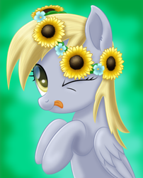 Size: 806x997 | Tagged: safe, artist:lifesharbinger, derpy hooves, pegasus, pony, cute, derpabetes, female, floral head wreath, flower, flower in hair, mare, one eye closed, solo, sunflower, tongue out