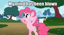 Size: 960x539 | Tagged: safe, derpibooru import, pinkie pie, twilight sparkle, earth pony, pony, female, image macro, mare, mind blown, pink coat, pink mane