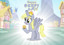 Size: 3457x2452 | Tagged: safe, artist:andoanimalia, derpy hooves, pegasus, pony, cute, derpabetes, derpy day, derpy day 2019, fake horn, female, food, muffin, ponyville, solo