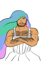 Size: 826x1169 | Tagged: safe, artist:darkhestur, princess celestia, human, beard, clothes, crossdressing, dress, hairy chest, humanized, male, muscles, princess travestia, simple background, solo, white background