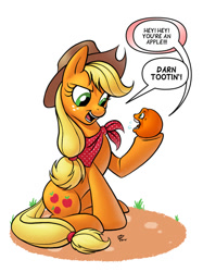 Size: 500x667 | Tagged: safe, artist:retrostarling, applejack, earth pony, pony, annoying orange, bandana, pun, speech bubble