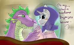 Size: 1024x628 | Tagged: safe, artist:kogentasama, rarity, spike, dragon, pony, unicorn, blushing, boop, clothes, eye contact, female, male, older, older spike, shipping, sparity, straight, sweater, text