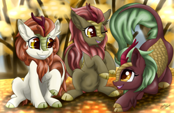 Size: 5100x3300 | Tagged: safe, artist:gleamydreams, autumn blaze, cinder glow, maple brown, summer flare, kirin, pony, absurd resolution, awwtumn blaze, cinderbetes, cloven hooves, cute, ear fluff, high res, kirinbetes, looking at each other, one eye closed, open mouth, playing, raised hoof, sitting, smiling, trio
