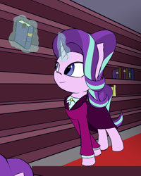 Size: 420x526 | Tagged: safe, artist:nicxchy, starlight glimmer, pony, unicorn, book, clothes, glowing horn, horn, older, older starlight glimmer, skirt, solo, suit