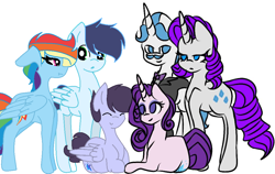 Size: 1024x648 | Tagged: safe, artist:the-midnight-knight, derpibooru import, fancypants, rainbow dash, rarity, soarin', oc, oc:gemstone, oc:thunderbolt, pegasus, pony, unicorn, family, female, male, oc x oc, offspring, offspring shipping, parent:fancypants, parent:rainbow dash, parent:rarity, parent:soarin', parents:raripants, parents:soarindash, raripants, shipping, soarindash, straight