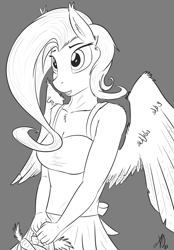 Size: 1200x1725 | Tagged: safe, artist:almonddragon, fluttershy, anthro, basket, carrot, monochrome, smiling, solo, spread wings