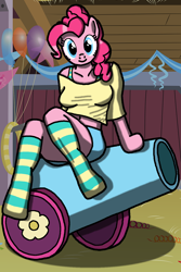 Size: 1000x1500 | Tagged: safe, artist:flyingbrickanimation, pinkie pie, anthro, earth pony, unguligrade anthro, arm hooves, balloon, clothes, hooves, party cannon, skirt, socks, solo, striped socks