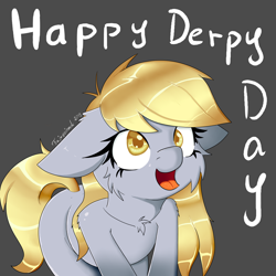 Size: 3000x3000 | Tagged: safe, artist:fajnyziomal, derpy hooves, pegasus, pony, cheek fluff, colored pupils, cute, derpabetes, derpy day, derpy day 2019, female, floppy ears, gray background, looking up, mare, open mouth, signature, simple background, smiley face, solo