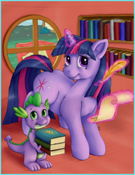 Size: 2500x3230 | Tagged: safe, artist:ratwhiskers, derpibooru import, spike, twilight sparkle, dragon, book