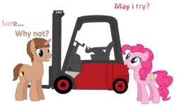 Size: 3000x1800 | Tagged: safe, artist:peternators, artist:redmagepony, pinkie pie, oc, oc:heroic armour, earth pony, pony, forklift, question