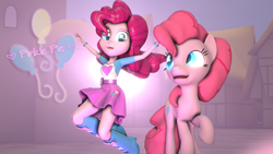 Size: 1024x576 | Tagged: safe, artist:creatorofpony, artist:jspzyhl, pinkie pie, pony, equestria girls, 3d, 3d model, boots, bracelet, clothes, human ponidox, jumping, open mouth, shirt, skirt, smiling, source filmmaker