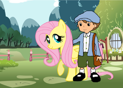 Size: 1024x728 | Tagged: safe, artist:amazingangus76, fluttershy, pegasus, pony, crossover, luke triton, petting, professor layton