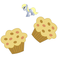 Size: 1081x1081 | Tagged: safe, artist:sciencesean, derpy hooves, pegasus, pony, derpy day, derpy day 2019, floating, food, jumping, muffin, simple background, solo, tiny, tiny ponies, transparent background, vector