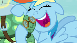 Size: 1280x720 | Tagged: safe, derpibooru import, screencap, rainbow dash, tank, pegasus, pony, tanks for the memories, eyes closed, open mouth, smiling