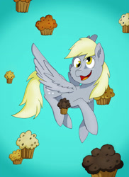 Size: 1600x2201 | Tagged: safe, artist:papyjr13, derpy hooves, pegasus, pony, blonde, blonde mane, blonde tail, female, food, golden eyes, gray coat, mare, muffin, wings