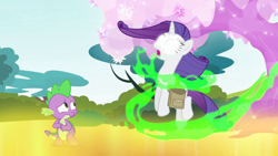 Size: 1920x1080 | Tagged: safe, screencap, rarity, spike, dragon, pony, unicorn, inspiration manifestation, corrupted, crystal tree, dark magic, female, floating, glowing eyes, gold, golden road, magic, male, mare, open mouth, scared, scary, tree, uncorrupted