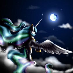 Size: 5000x5000 | Tagged: safe, artist:emalajiss36, princess celestia, alicorn, pony, absurd resolution, flying, mare in the moon, moon, night, solo, stars