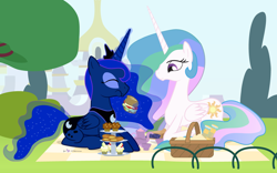 Size: 1120x700 | Tagged: safe, artist:dm29, princess celestia, princess luna, alicorn, pony, canterlot, commission, cute, cutelestia, duo, food, julian yeo is trying to murder us, levitation, lunabetes, magic, muffin, picnic, picnic basket, sandwich, telekinesis